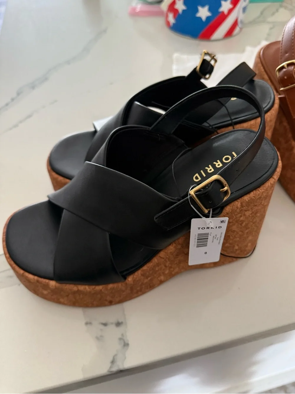 torrid Black Cork Platform Slingback Wedges size 8